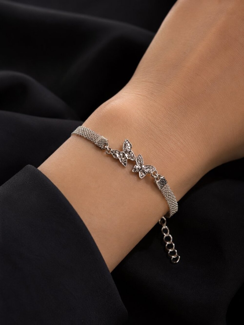Silver Tone Butterfly Mesh Bracelet Rhinestone Adjustable Elegant Jewelry Gift